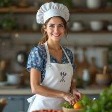 A smiling female chef wearing a white chef's hat and a blue apron standing in a modern kitchen with white shelves and dishes in the background.