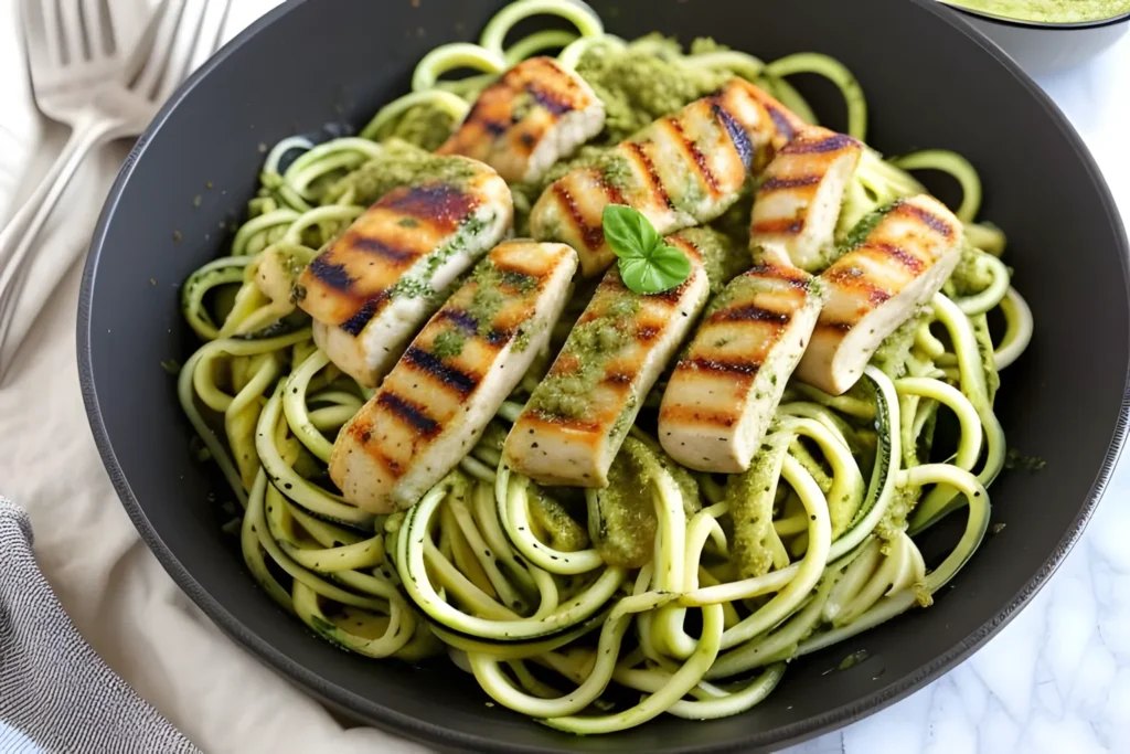 Zucchini Noodles with Pesto and Grilled Chicken